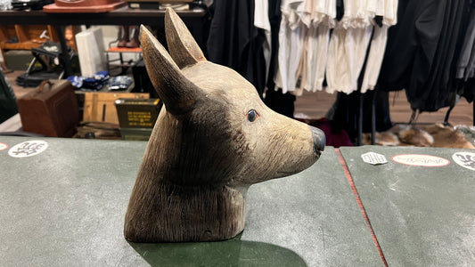 复古木狼头雕塑 – 11英寸高