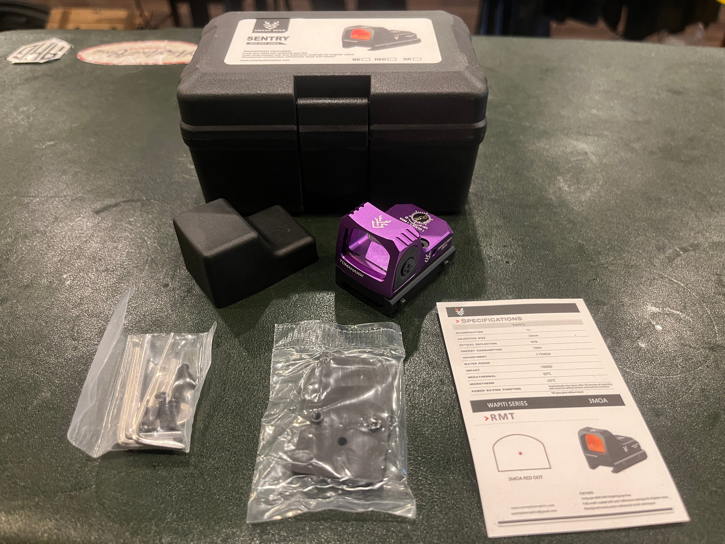 Swamp Deer Tomahawk Micro Red Dot Sight – 3 MOA, Purple Anodized, Picatinny Mount, Complete Kit