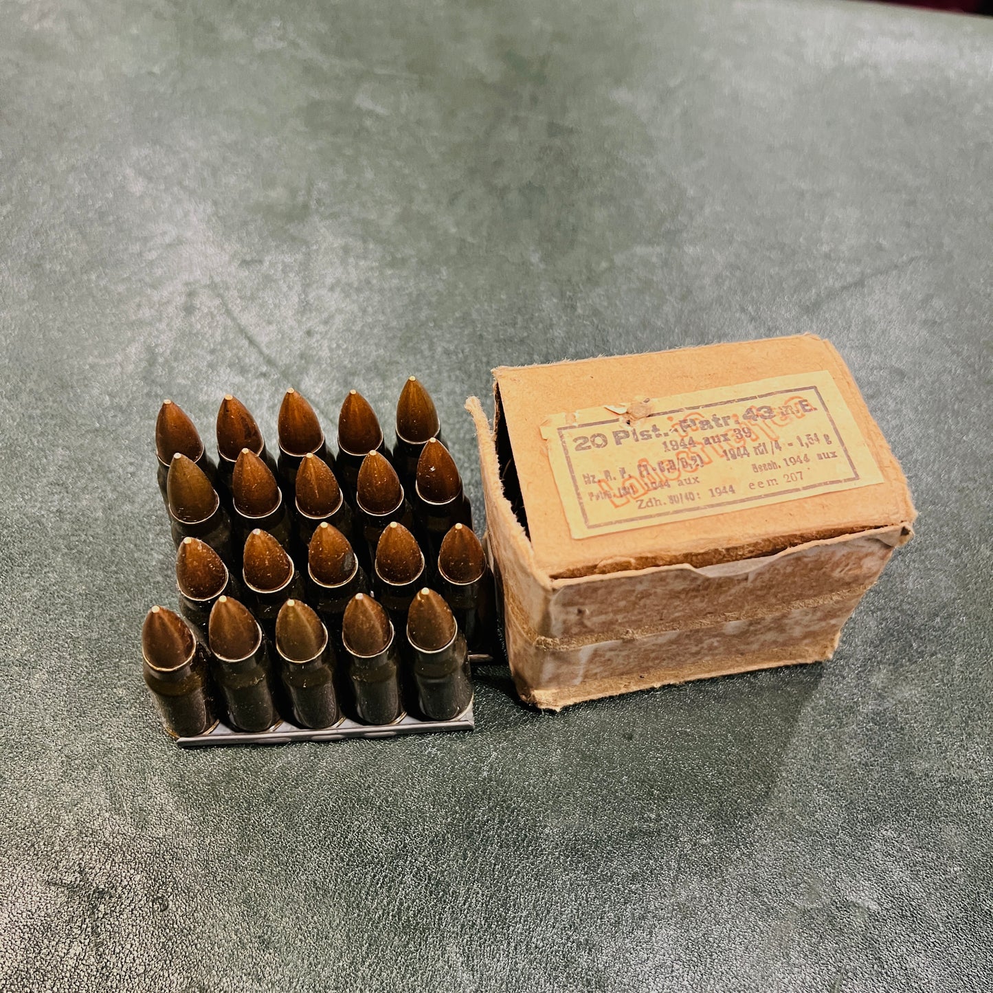 WWII German 7.92×33mm Kurz Ammo (20-Round Box, 1944 – “aux” Factory)