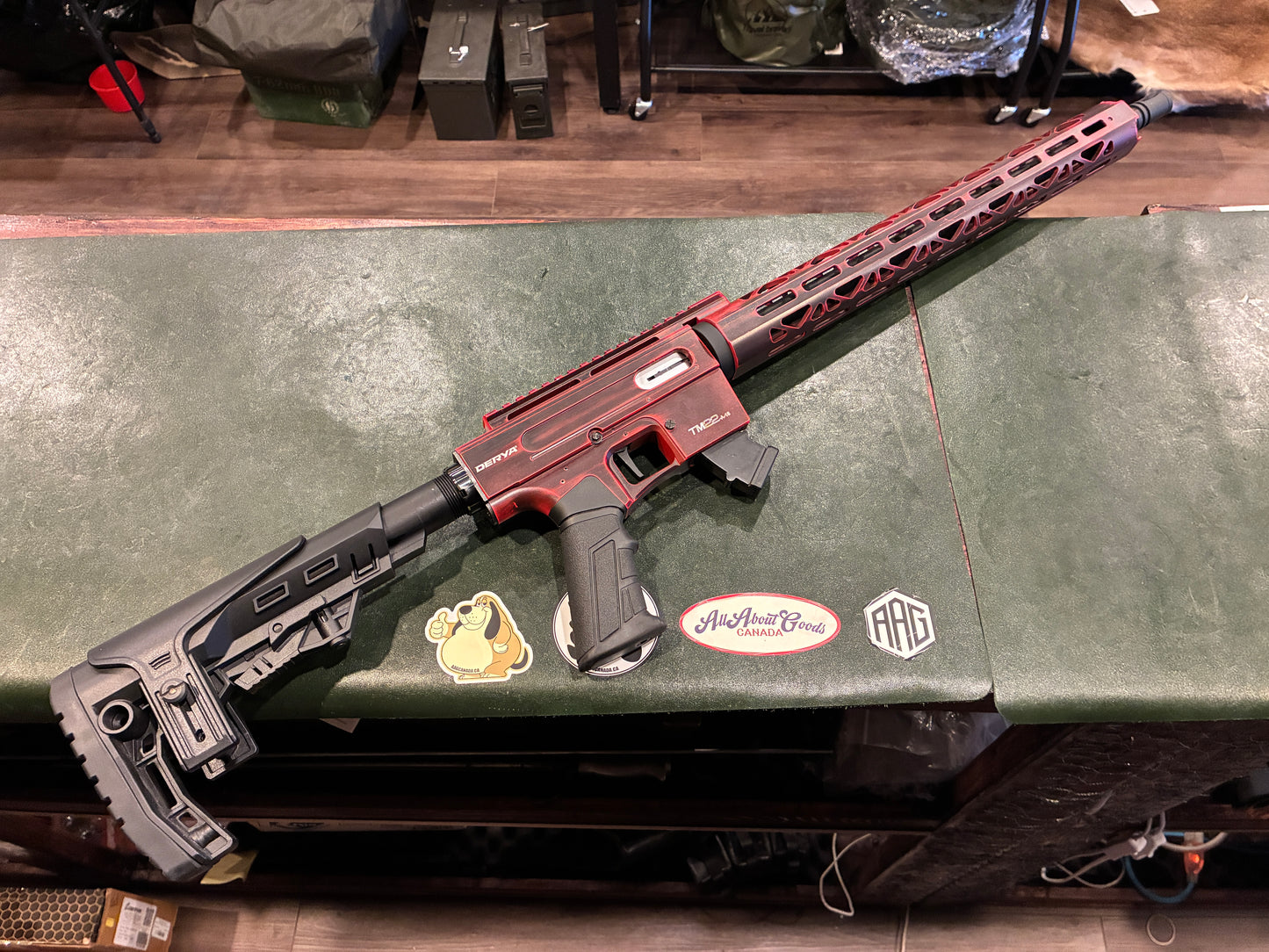 Derya TM22 Semi-Automatic Rifle – .22 LR – Red Battleworn Finish – Muzzle Brake – Includes 3 Magazines