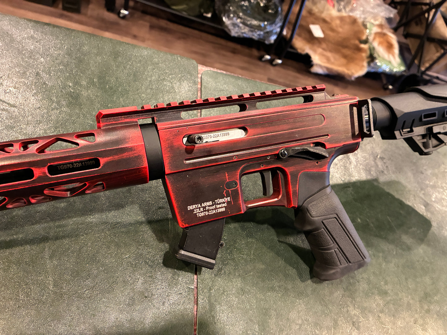 Derya TM22 Semi-Automatic Rifle – .22 LR – Red Battleworn Finish – Muzzle Brake – Includes 3 Magazines