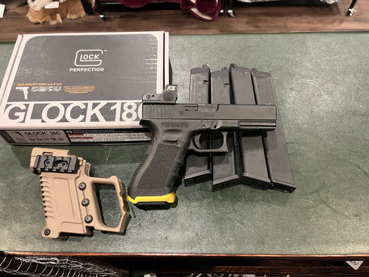 Glock 18C GBB Airsoft Pistol – Full Auto – Complete Set with Red Dot, 4 Extended Mags & Accessories
