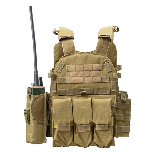 Gilet tactique universel MOLLE | Triple pochette pour chargeur • Poche radio • Noir/beige