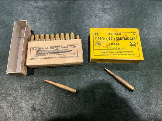 30-06 & 7.62mm (.30) Vintage Ammunition Lot – Two Full 20-Round Boxes – Winchester .30 Gov’t Model 1906 & Kynoch 7.62mm (.30") Ball 150 gr