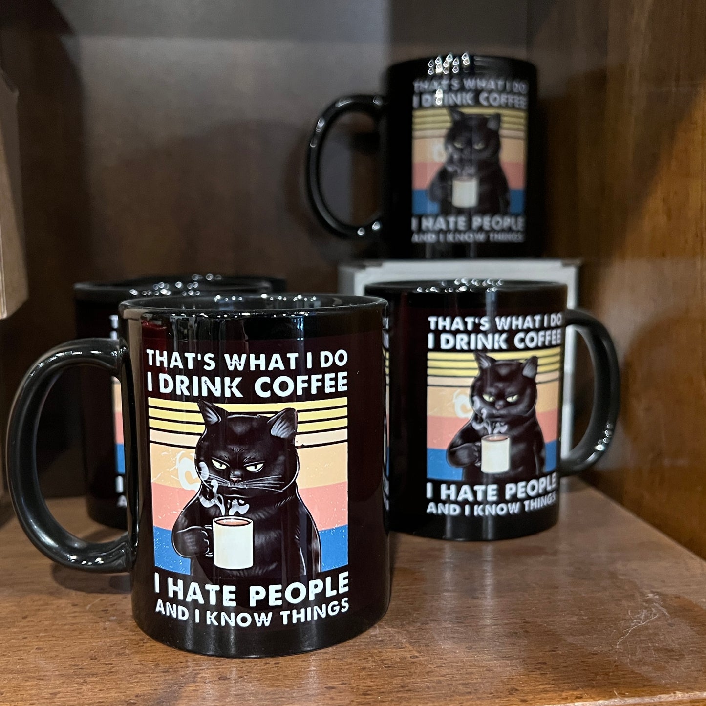 Funny Black Cat Coffee Mug – "I Hate People and I Know Things"