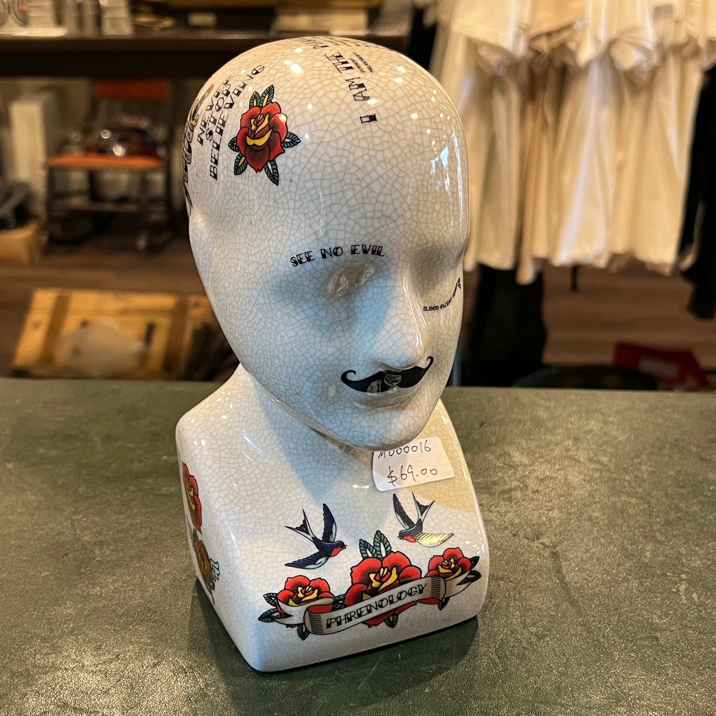Vintage Tattoo Phrenology Ceramic Bust Display Head – Crackle Glaze – 23 cm