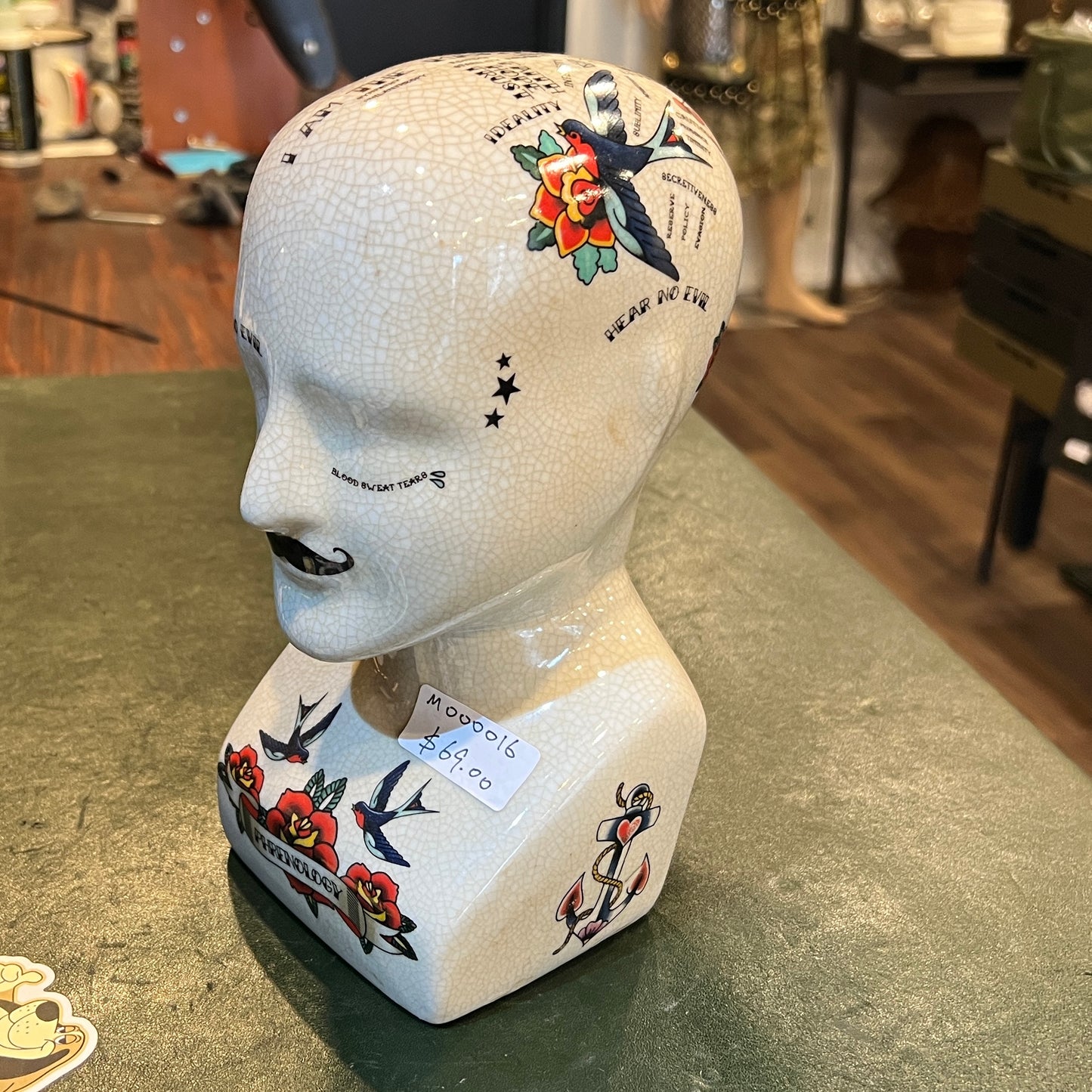 Vintage Tattoo Phrenology Ceramic Bust Display Head – Crackle Glaze – 23 cm