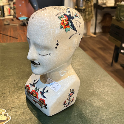 Vintage Tattoo Phrenology Ceramic Bust Display Head – Crackle Glaze – 23 cm