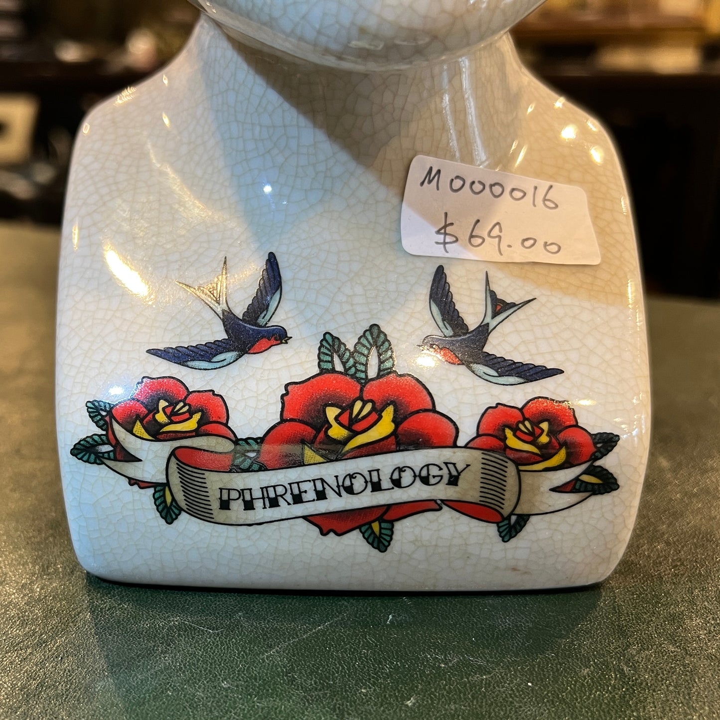 Vintage Tattoo Phrenology Ceramic Bust Display Head – Crackle Glaze – 23 cm