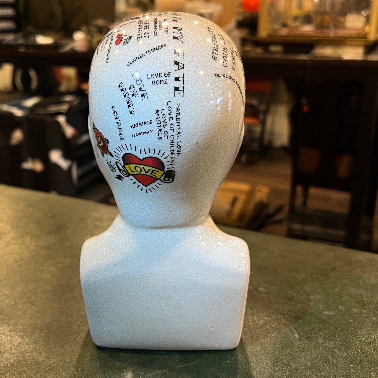 Vintage Tattoo Phrenology Ceramic Bust Display Head – Crackle Glaze – 23 cm