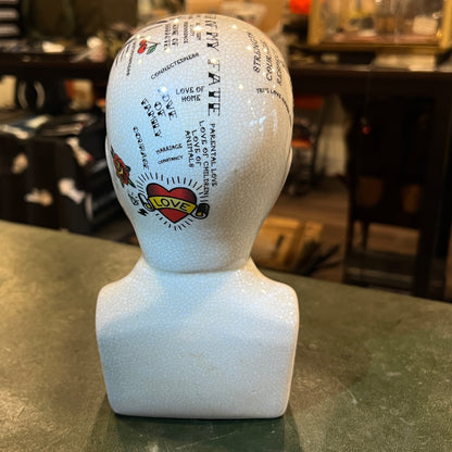 Vintage Tattoo Phrenology Ceramic Bust Display Head – Crackle Glaze – 23 cm