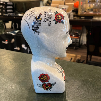 Vintage Tattoo Phrenology Ceramic Bust Display Head – Crackle Glaze – 23 cm