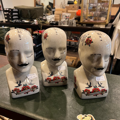 Vintage Tattoo Phrenology Ceramic Bust Display Head – Crackle Glaze – 23 cm